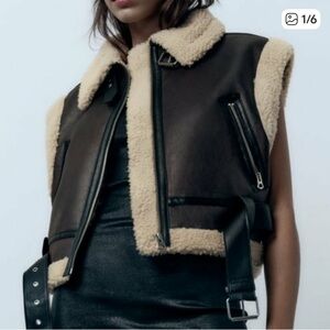 ZARA Shearling Trim Brown Vest